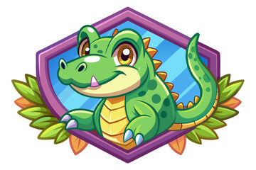 Fototapeta premium Cartoon Alligator in a Hexagon Frame with Leaves