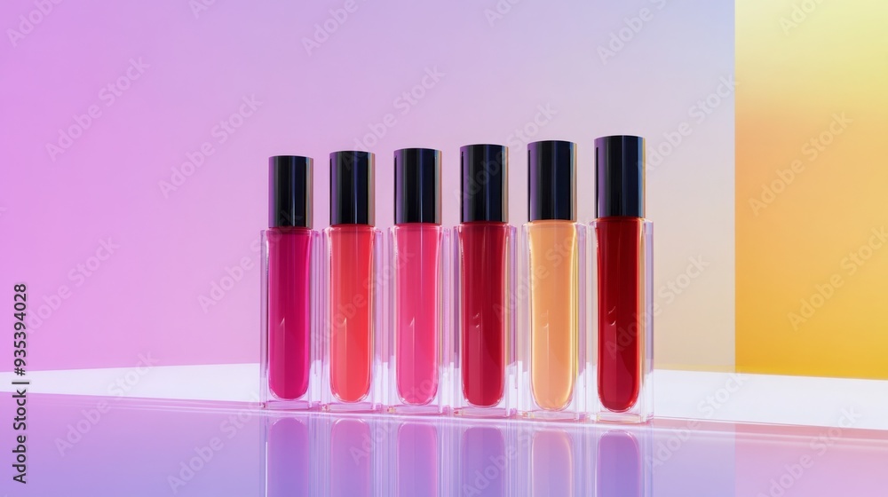 Poster a lineup of seven liquid lipsticks in various shades sits on a reflective surface against a colorful