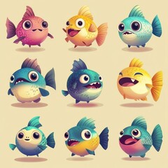 A colorful array of cartoonish fish with various expressions and designs.