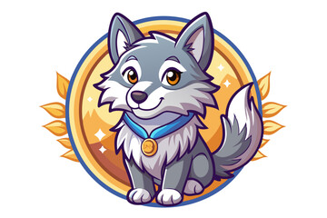 Cartoon wolf with blue collar and gold medal, sitting in a circular frame with golden rays