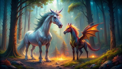 A majestic unicorn with a shimmering coat and a fiery dragon with scales aglow, standing together in a mystical, dreamy, misty forest landscape.