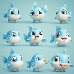 Fototapeta premium A collection of cute, cartoonish blue fish displaying various expressions and poses.