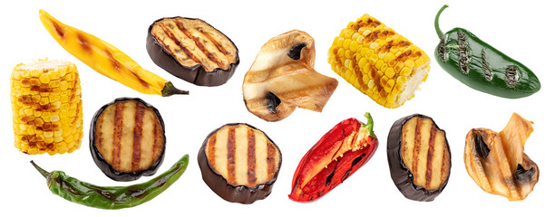 grilled vegetables isolated on white background. corn, pepper, mushrooms  clipping path