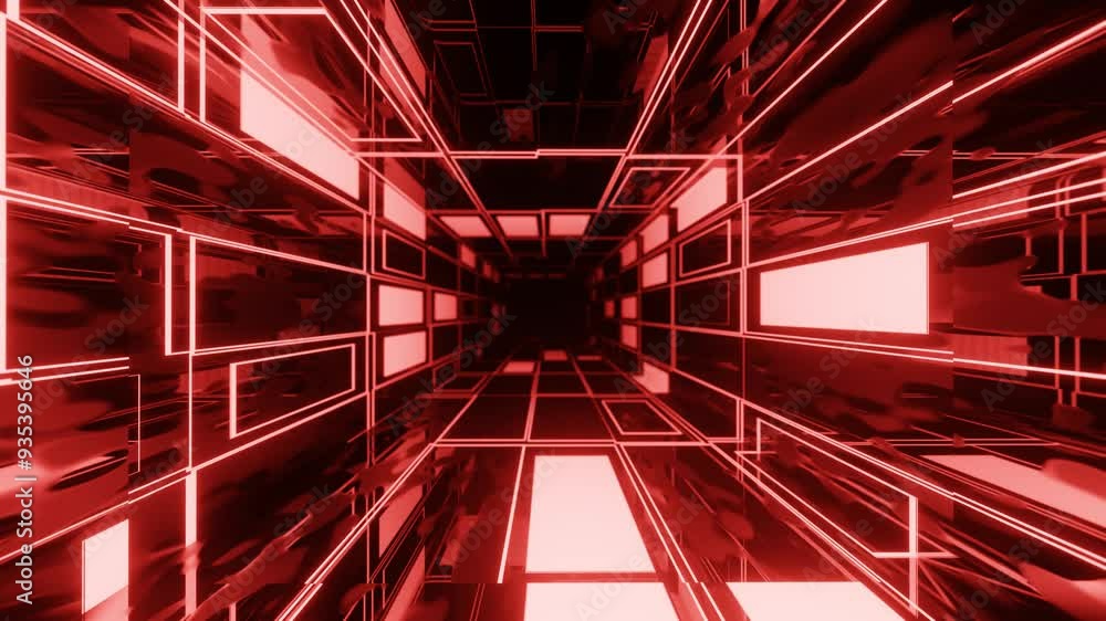 Poster 4k seamless looped animation. fly through mirror tunnel with neon pattern, glow lines form sci fi pa