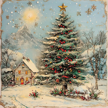 Idyllic vintage Christmas card style illustration winter holiday scene blue sky cozy house in snowy landscape with big Christmas tree cottage core Victorian inspired vintage background with copy space