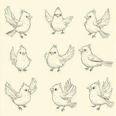 A collection of cute bird illustrations in various poses.