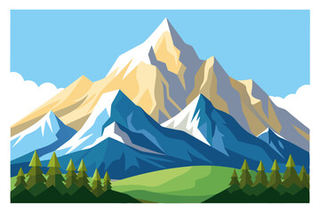 A picturesque view of snow-capped mountain peaks with a foreground of green trees and fields.