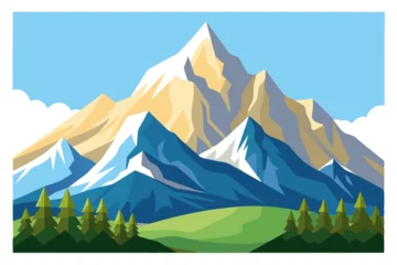 Fototapeten A picturesque view of snow-capped mountain peaks with a foreground of green trees and fields. © cihuy