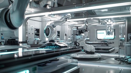 Visualize a futuristic laboratory where advanced AI and robotics are developed, all rendered in 3D.