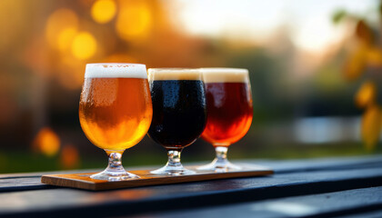 Three glasses of beer on wooden tray, showcasing different colors and textures, with warm, inviting background.