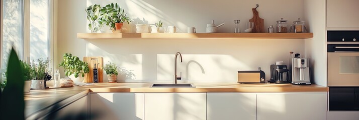 European kitchen with upper kitchen cabinets on wall. 