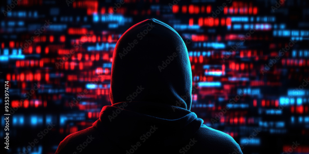 Poster a hooded figure stands in front of digital screen, creating mysterious and intense atmosphere.