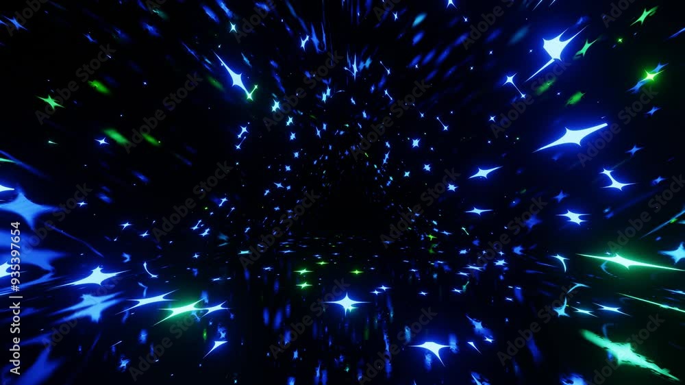 Poster 4k seamless looped animation. fly through mirror tunnel with neon pattern, glow lines form sci fi pa
