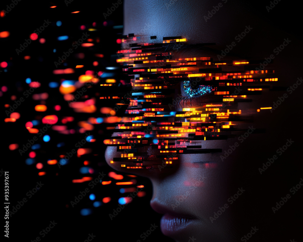 Poster a digital face with vibrant, glowing data streams creates futuristic and mysterious atmosphere.