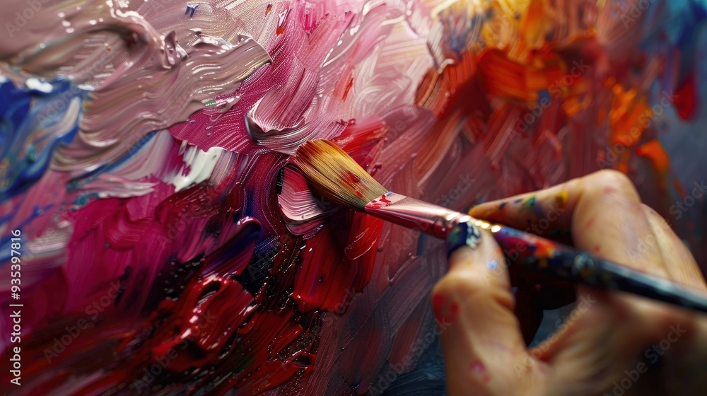 Poster visualize a painter applying brush strokes to a canvas, with each stroke and color blend shown in sl