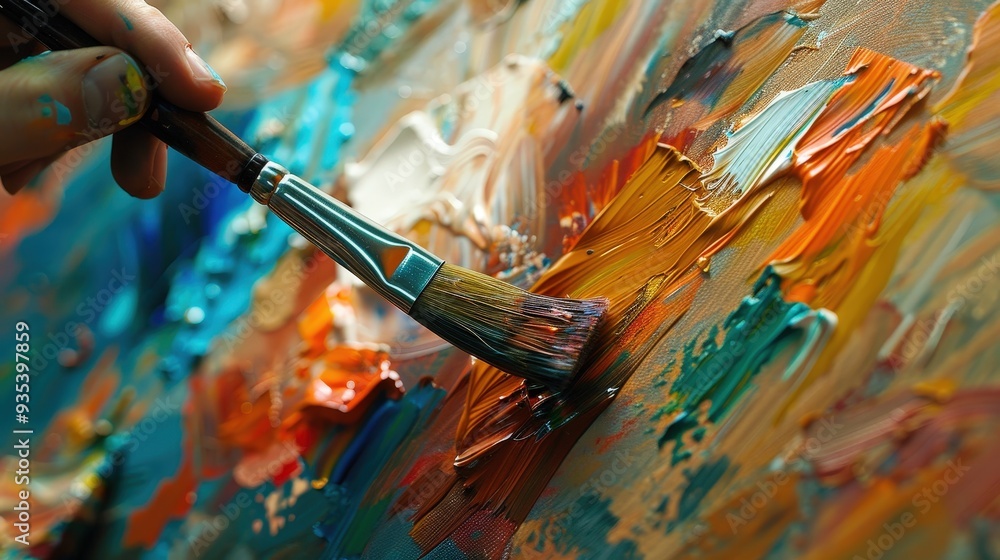 Poster visualize a painter applying brush strokes to a canvas, with each stroke and color blend shown in sl