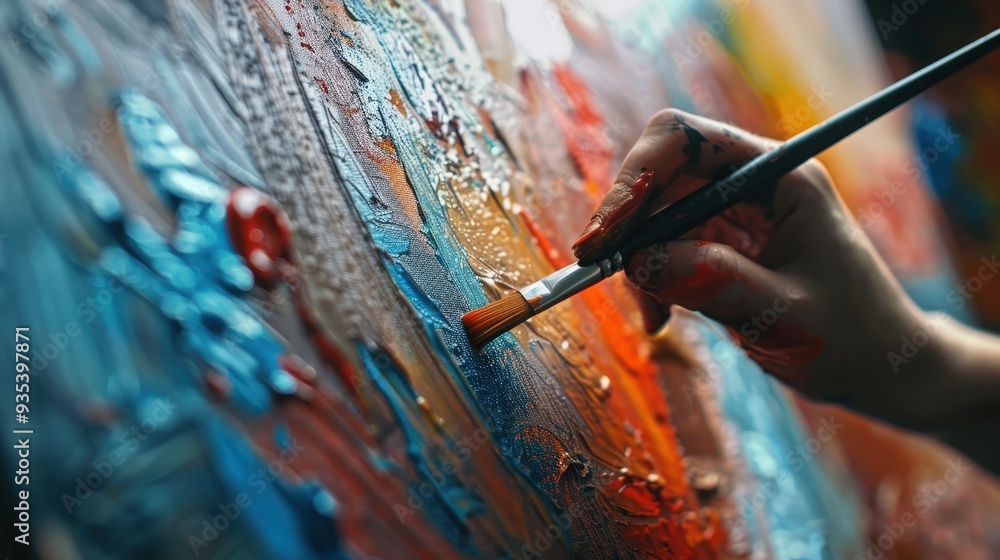 Poster Visualize a painter applying brush strokes to a canvas, with each stroke and color blend shown in slow motion.