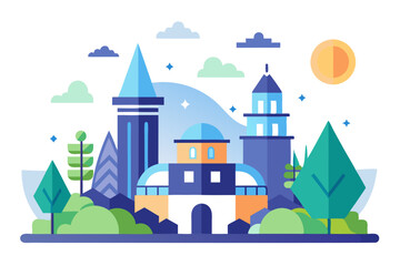 Fototapeta premium Colorful Geometric Illustration of a Cityscape with Buildings and Trees