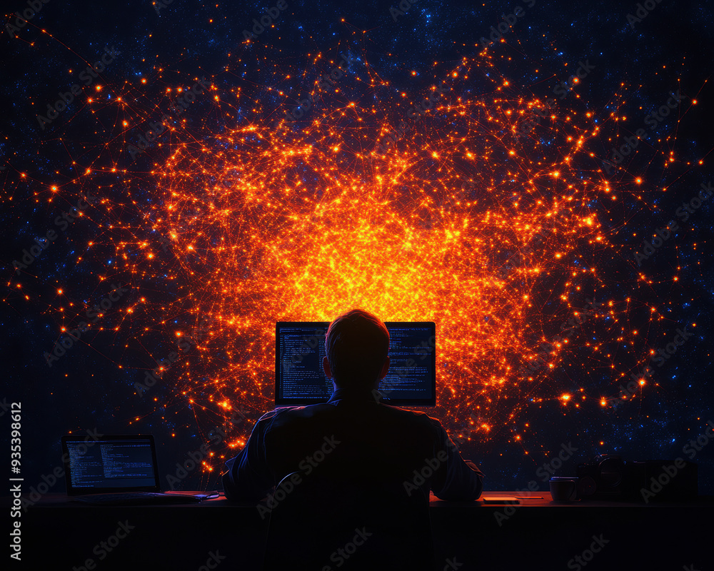 Aufkleber a person sits in front of multiple screens, immersed in glowing network of data, evoking sense of fo