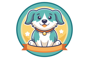 Cartoon Dog Sitting in a Circular Frame with a Ribbon