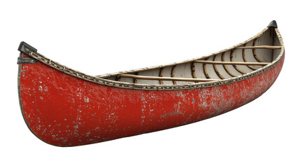 Rustic red canoe with wooden interior isolated on transparent background