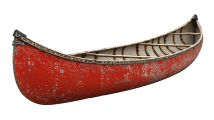 Rustic red canoe with wooden interior isolated on transparent background