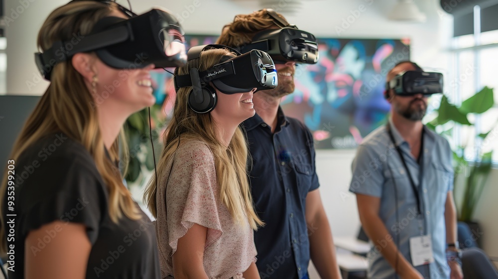 Poster visualize an office hosting a virtual reality team-building event.