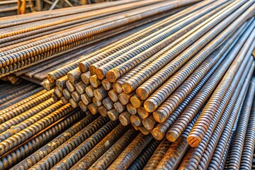 Steel rebar stack bundle at construction site