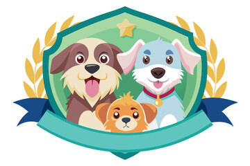 Three Adorable Cartoon Dogs Inside a Shield with a Ribbon