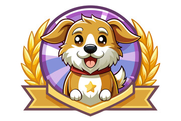 Cartoon Dog with a Golden Wreath and a Ribbon