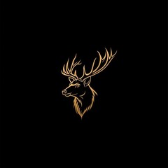 A stylized golden illustration of a stag's head with antlers on a black background.