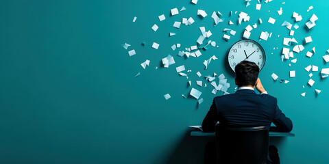 A man in suit sits at desk, overwhelmed by flying papers and clock, symbolizing stress and time pressure.