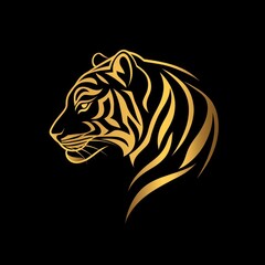 A stylized golden tiger head design on a black background.