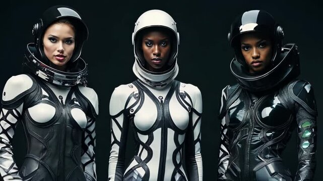 Three models pose in space-inspired attire against dark backdrop. Metallic fabrics, high-tech patterns, and reflective elements create futuristic aesthetic. Helmets complete otherworldly looks.	