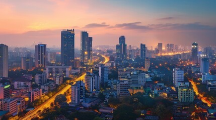 Fototapeta premium Visualize the bustling IT hubs of Bangalore, with modern skyscrapers and innovative startups.