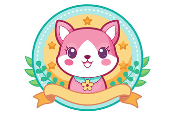 Fototapeta premium Cute Cartoon Pink Cat with Banner and Floral Decorations