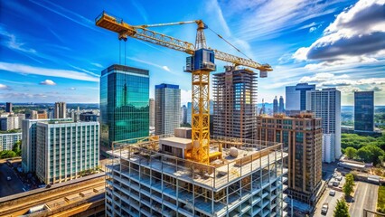 A massive tower crane stands tall on a bustling city construction site, its metal latticework rising high into a clear blue sky amidst urban development.