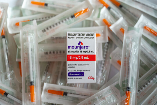 Childers Queensland Australia - April 21 2024: Mounjaro tirzepatide GLP-1 GIP receptor agonist, injection injectable type 2 diabetes, off label weight loss, PBS restrictions Australia, drug medication