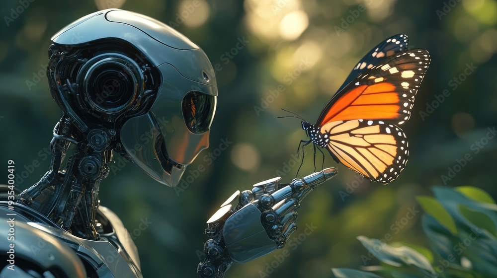 Poster a 3d rendering of a robot carefully observing a butterfly perched on its finger. the robot's metalli