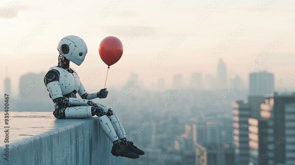 Poster a 3d rendering of a robot sitting on the edge of a roof, holding a single red balloon. the robot gaz
