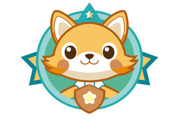 Fototapeta premium Cute Cartoon Fox Holding Shield with Star Inside Circle Badge