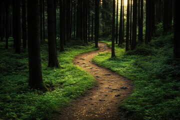 Obraz premium A serene winding path through a lush green forest, illuminated by soft sunlight filtering through the trees.