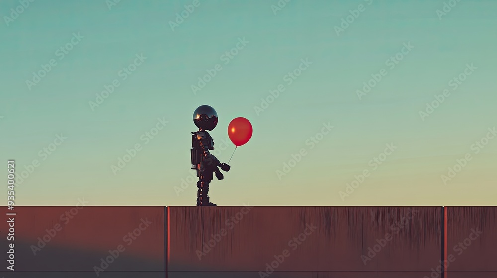 Poster a back view of a robot perched on a rooftop edge, clutching a bright balloon in its hand. the scene 