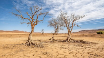 Dry trees in a remote arid region. The beauty of the desert on a sunny day. Drought in the desert