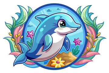 Obraz premium Cartoon Dolphin in Ocean with Floral Surroundings