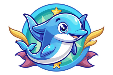 Fototapeta premium Cartoon Blue Dolphin with Stars and Floral Design