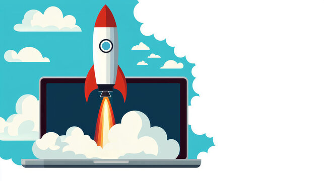 Simplistic rocket launch from laptop screen, flat design