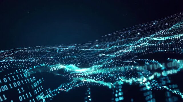 Abstract digital landscape with flowing blue particles and binary code, symbolizing technology and data in a vast universe.