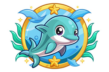 Fototapeta premium Cute Cartoon Dolphin in Golden Frame with Seaweed and Stars