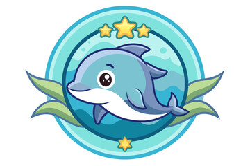 Obraz premium Cartoon Dolphin with Stars and Water Waves